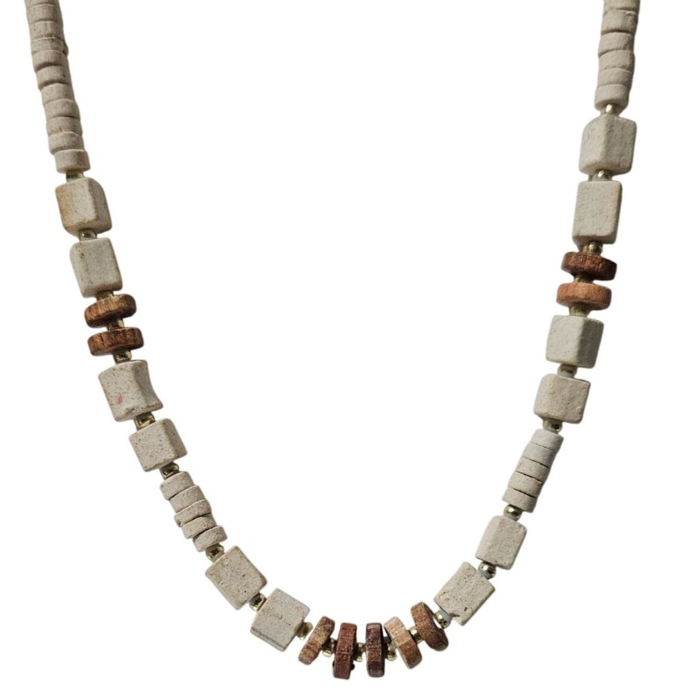 Boho Natural Stone Beaded Necklace Wood Accents Minimalistic Fashion Jewelry